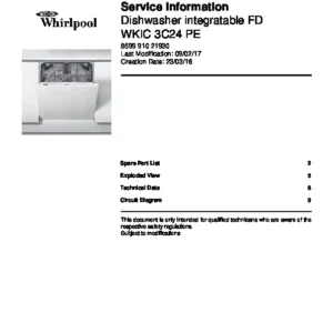 Whirlpool wkic 3c24 pe service manual cover integrated dishwasher showing service information and table of contents with spare parts list, exploded view, circuit diagram, program chart, test program, error codes, and service bulletins.