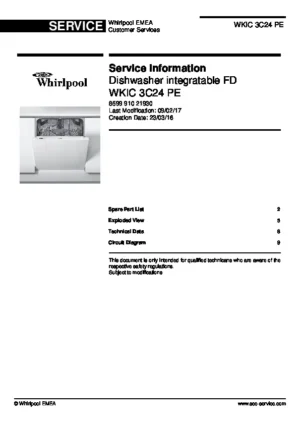 Whirlpool wkic 3c24 pe service manual cover integrated dishwasher showing service information and table of contents with spare parts list, exploded view, circuit diagram, program chart, test program, error codes, and service bulletins.