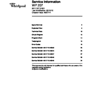 Whirlpool wp 207 service manual cover integrated dishwasher showing service information and table of contents with spare parts list, exploded view, circuit diagram, program chart, test program, error codes, and service bulletins.