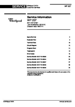 Whirlpool wp 207 service manual cover integrated dishwasher showing service information and table of contents with spare parts list, exploded view, circuit diagram, program chart, test program, error codes, and service bulletins.