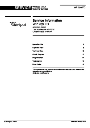 Whirlpool wp 209 fd service manual cover integrated dishwasher showing service information and table of contents with spare parts list, exploded view, circuit diagram, program chart, test program, error codes, and service bulletins.