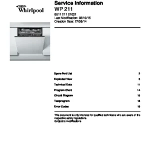 Whirlpool wp 211 service manual cover integrated dishwasher showing service information and table of contents with spare parts list, exploded view, circuit diagram, program chart, test program, error codes, and service bulletins.