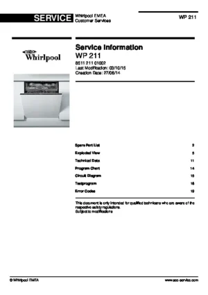 Whirlpool wp 211 service manual cover integrated dishwasher showing service information and table of contents with spare parts list, exploded view, circuit diagram, program chart, test program, error codes, and service bulletins.