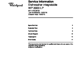 Whirlpool wp 3900 lp service manual cover integrated dishwasher showing service information and table of contents with spare parts list, exploded view, circuit diagram, program chart, test program, error codes, and service bulletins.