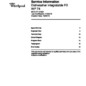 Whirlpool wp 74 service manual cover integrated dishwasher showing service information and table of contents with spare parts list, exploded view, circuit diagram, program chart, test program, error codes, and service bulletins.