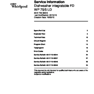 Whirlpool wp 75 5 ld service manual cover integrated dishwasher showing service information and table of contents with spare parts list, exploded view, circuit diagram, program chart, test program, error codes, and service bulletins.