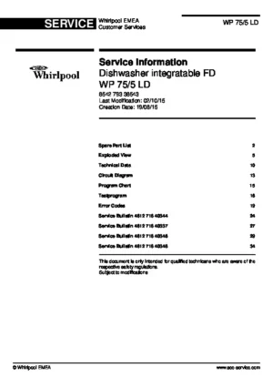 Whirlpool wp 75 5 ld service manual cover integrated dishwasher showing service information and table of contents with spare parts list, exploded view, circuit diagram, program chart, test program, error codes, and service bulletins.
