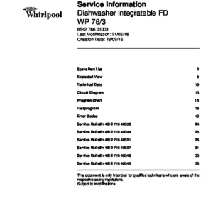 Whirlpool wp 76 3 service manual cover integrated dishwasher showing service information and table of contents with spare parts list, exploded view, circuit diagram, program chart, test program, error codes, and service bulletins.
