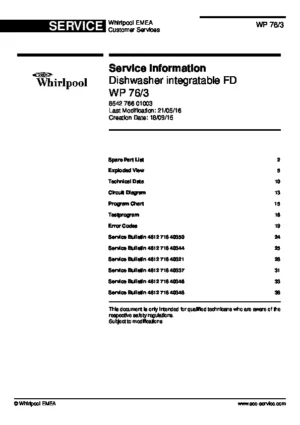 Whirlpool wp 76 3 service manual cover integrated dishwasher showing service information and table of contents with spare parts list, exploded view, circuit diagram, program chart, test program, error codes, and service bulletins.