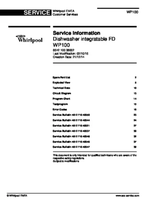 Whirlpool wp100 service manual cover integrated dishwasher showing service information and table of contents with spare parts list, exploded view, circuit diagram, program chart, test program, error codes, and service bulletins.