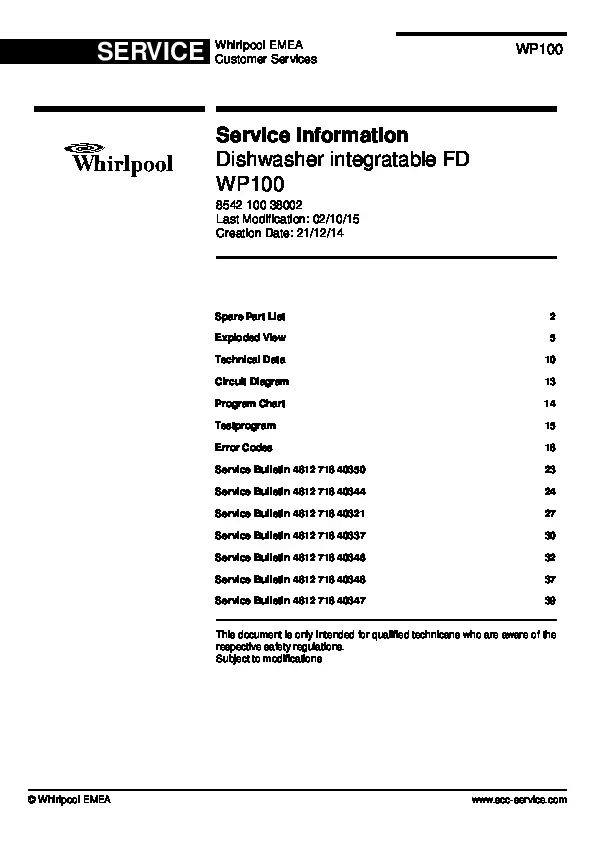 Whirlpool wp100 service manual cover integrated dishwasher showing service information and table of contents with spare parts list, exploded view, circuit diagram, program chart, test program, error codes, and service bulletins.