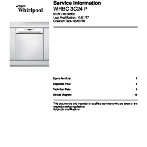 Whirlpool wrbc 3c24 p service manual cover integrated dishwasher showing service information and table of contents with spare parts list, exploded view, circuit diagram, program chart, test program, error codes, and service bulletins.