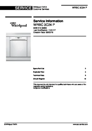 Whirlpool wrbc 3c24 p service manual cover integrated dishwasher showing service information and table of contents with spare parts list, exploded view, circuit diagram, program chart, test program, error codes, and service bulletins.