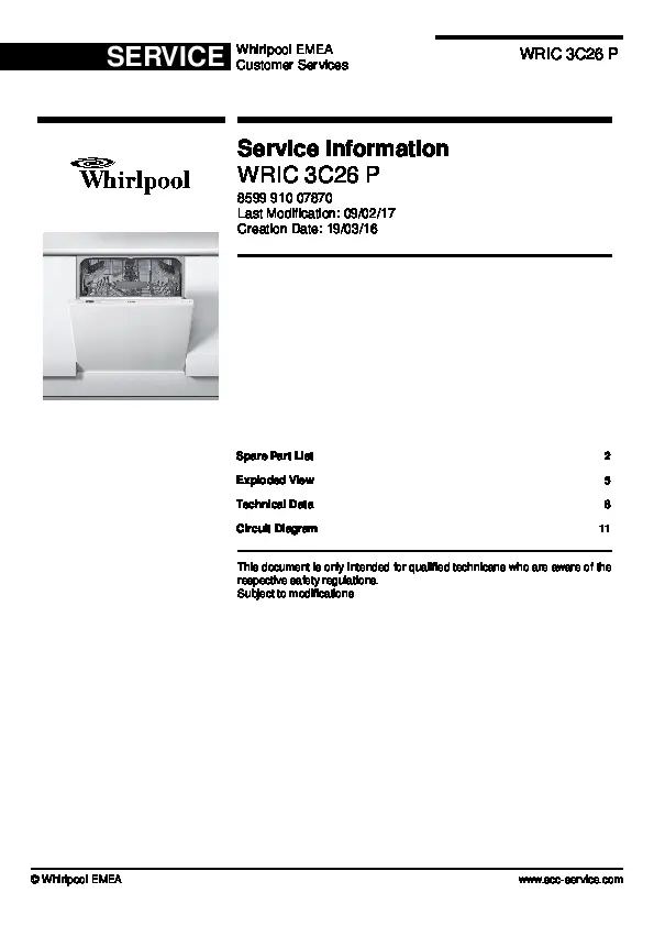 Whirlpool wric 3c26 p service manual cover integrated dishwasher showing service information and table of contents with spare parts list, exploded view, circuit diagram, program chart, test program, error codes, and service bulletins.