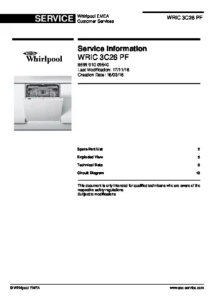 Whirlpool wric 3c26 pf service manual cover integrated dishwasher showing service information and table of contents with spare parts list, exploded view, circuit diagram, program chart, test program, error codes, and service bulletins.