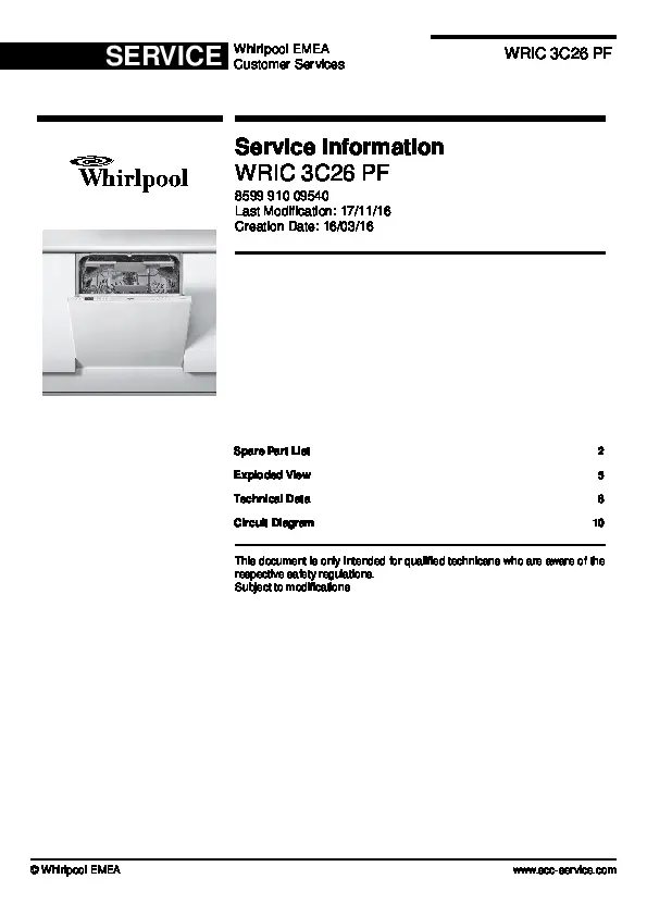 Whirlpool wric 3c26 pf service manual cover integrated dishwasher showing service information and table of contents with spare parts list, exploded view, circuit diagram, program chart, test program, error codes, and service bulletins.