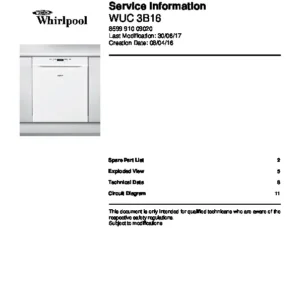 Whirlpool wuc 3b16 service manual cover integrated dishwasher showing service information and table of contents with spare parts list, exploded view, circuit diagram, program chart, test program, error codes, and service bulletins.