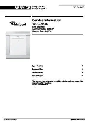 Whirlpool wuc 3b16 service manual cover integrated dishwasher showing service information and table of contents with spare parts list, exploded view, circuit diagram, program chart, test program, error codes, and service bulletins.