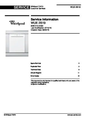 Whirlpool wue 2b19 service manual cover integrated dishwasher showing service information and table of contents with spare parts list, exploded view, circuit diagram, program chart, test program, error codes, and service bulletins.