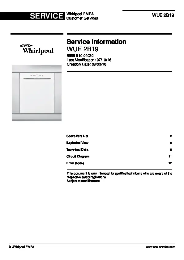 Whirlpool wue 2b19 service manual cover integrated dishwasher showing service information and table of contents with spare parts list, exploded view, circuit diagram, program chart, test program, error codes, and service bulletins.