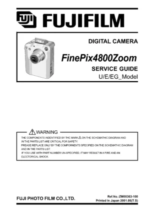 Fujifilm finepix 4800 service manual cover with picture of the camera, model type and numbers, manual creation date and safety and warning notice.
