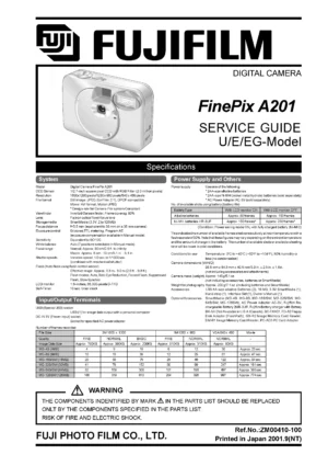 Fujifilm finepix a201 service manual cover with picture of the camera, model type and numbers, manual creation date and safety and warning notice.
