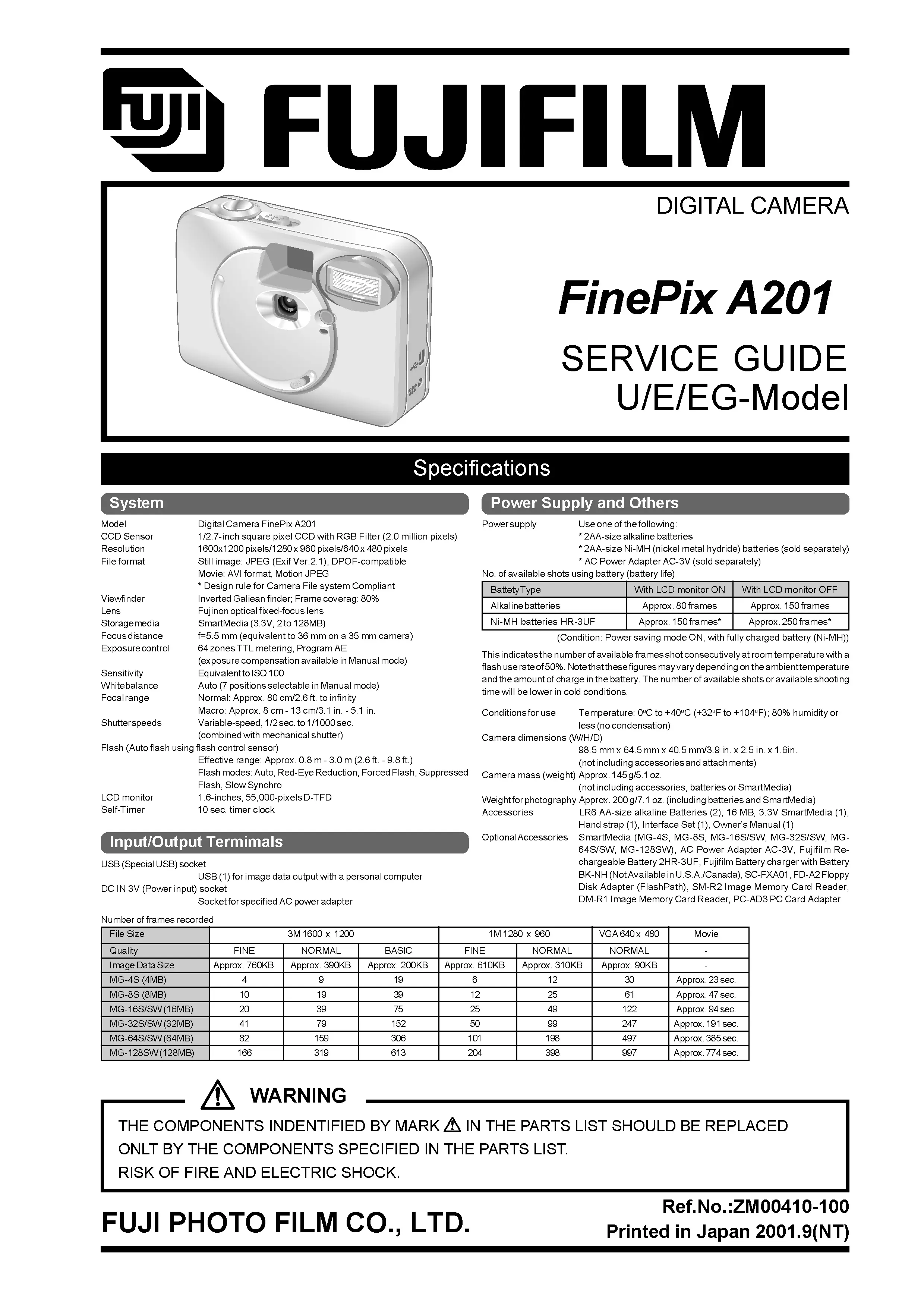 Fujifilm finepix a201 service manual cover with picture of the camera, model type and numbers, manual creation date and safety and warning notice.