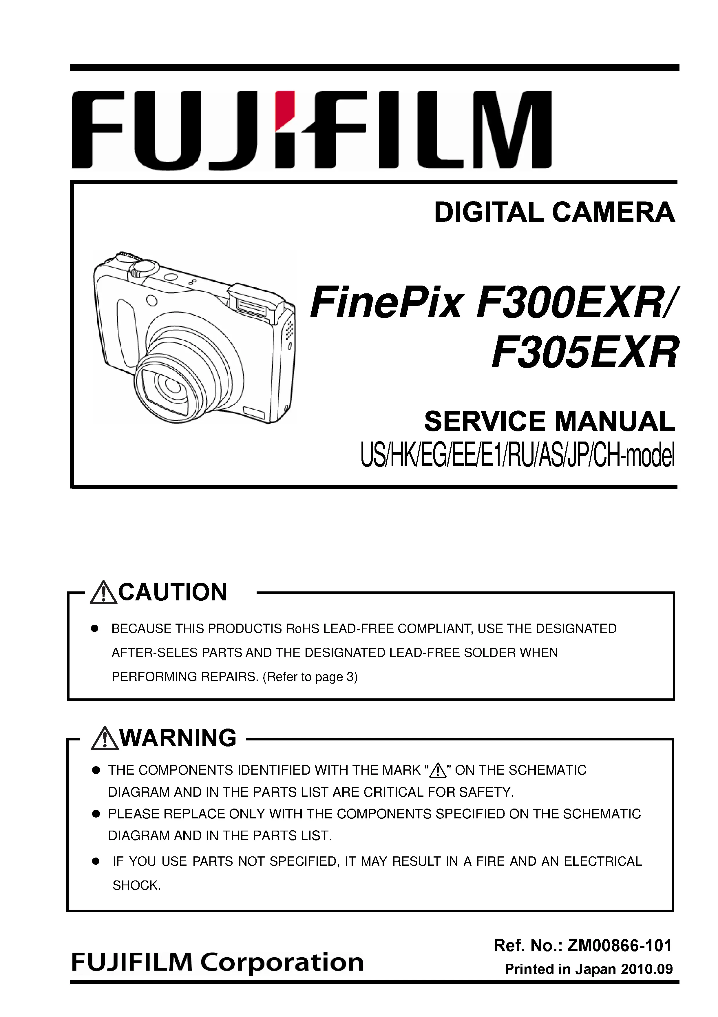 Fujifilm finepix f300exr f305exr service manual cover with picture of the camera, model type and numbers, manual creation date and safety and warning notice.