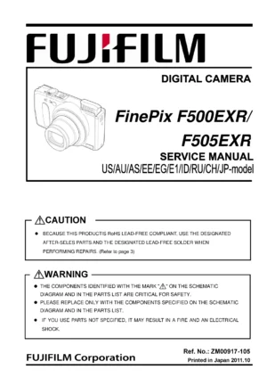 Fujifilm finepix f500exr f505exr service manual cover with picture of the camera, model type and numbers, manual creation date and safety and warning notice.