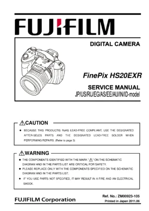 Fujifilm finepix hs20exr service manual cover with picture of the camera, model type and numbers, manual creation date and safety and warning notice.