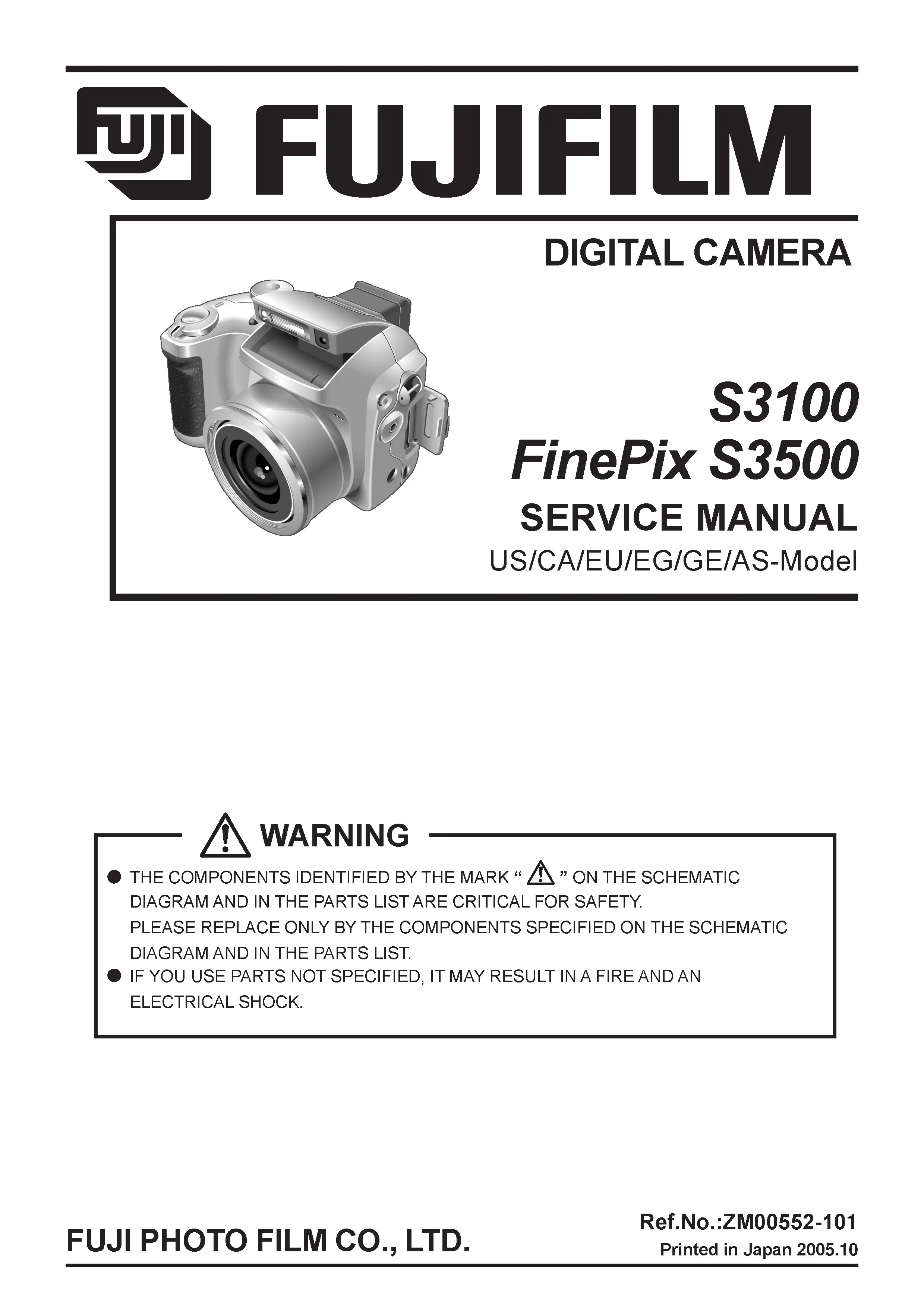 Fujifilm finepix s3100 s3500 service manual cover with picture of the camera, model type and numbers, manual creation date and safety and warning notice.