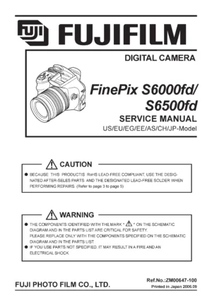 Fujifilm finepix s6000fd s6500fd service manual cover with picture of the camera, model type and numbers, manual creation date and safety and warning notice.