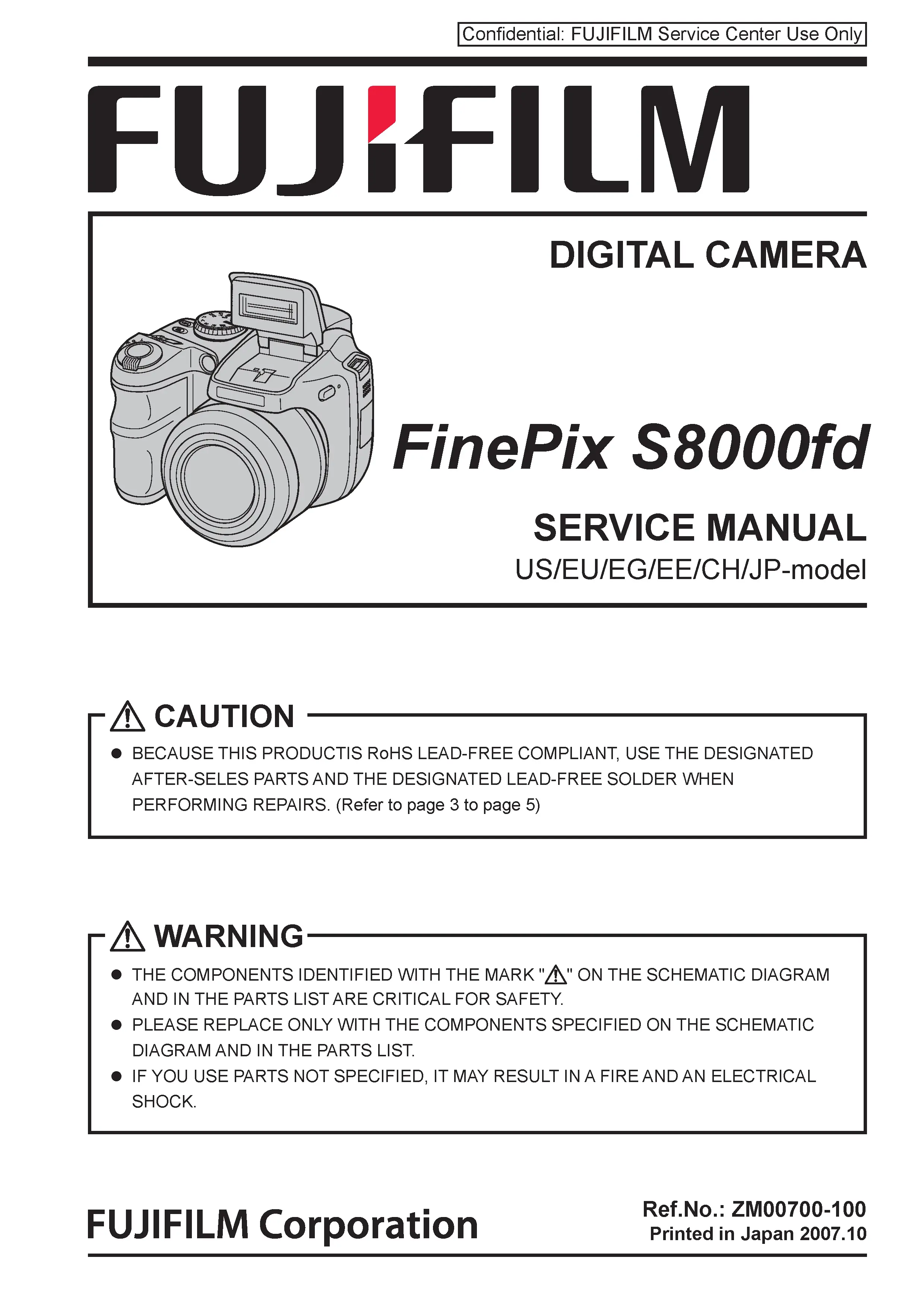 Fujifilm finepix s8000fd service manual cover with picture of the camera, model type and numbers, manual creation date and safety and warning notice.