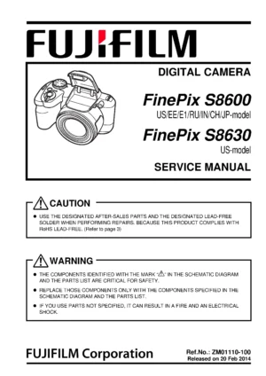 Fujifilm finepix s8600 s8630 service manual cover with picture of the camera, model type and numbers, manual creation date and safety and warning notice.