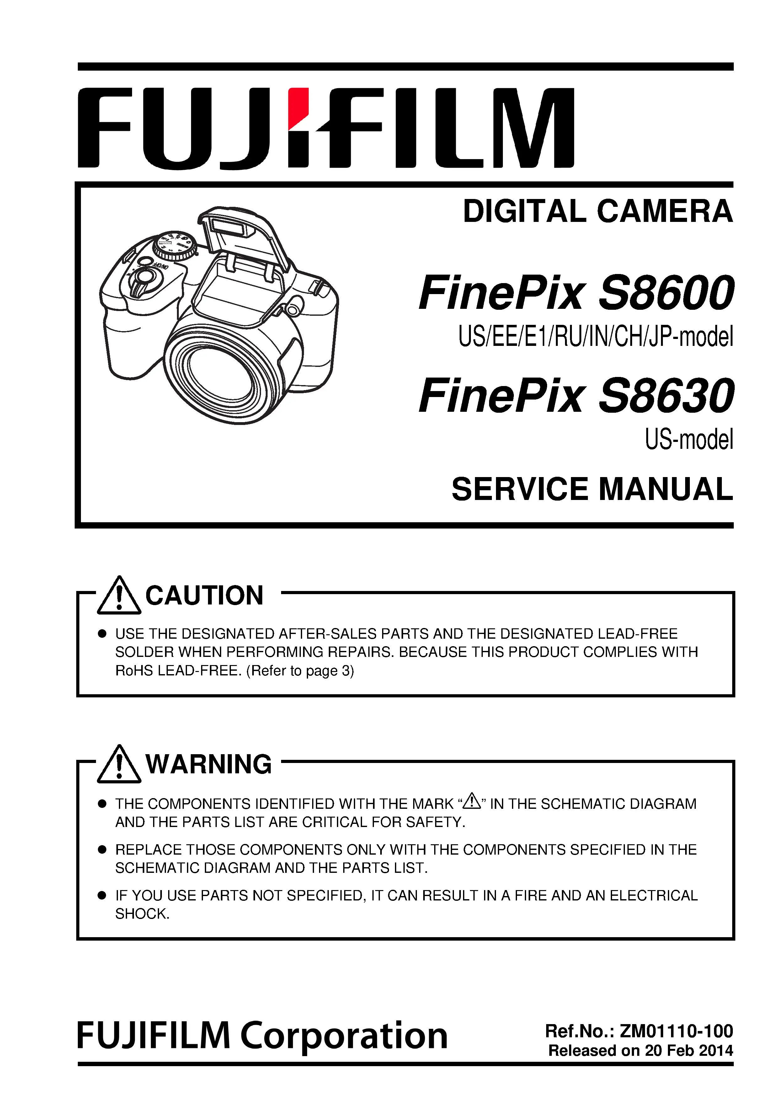 Fujifilm finepix s8600 s8630 service manual cover with picture of the camera, model type and numbers, manual creation date and safety and warning notice.