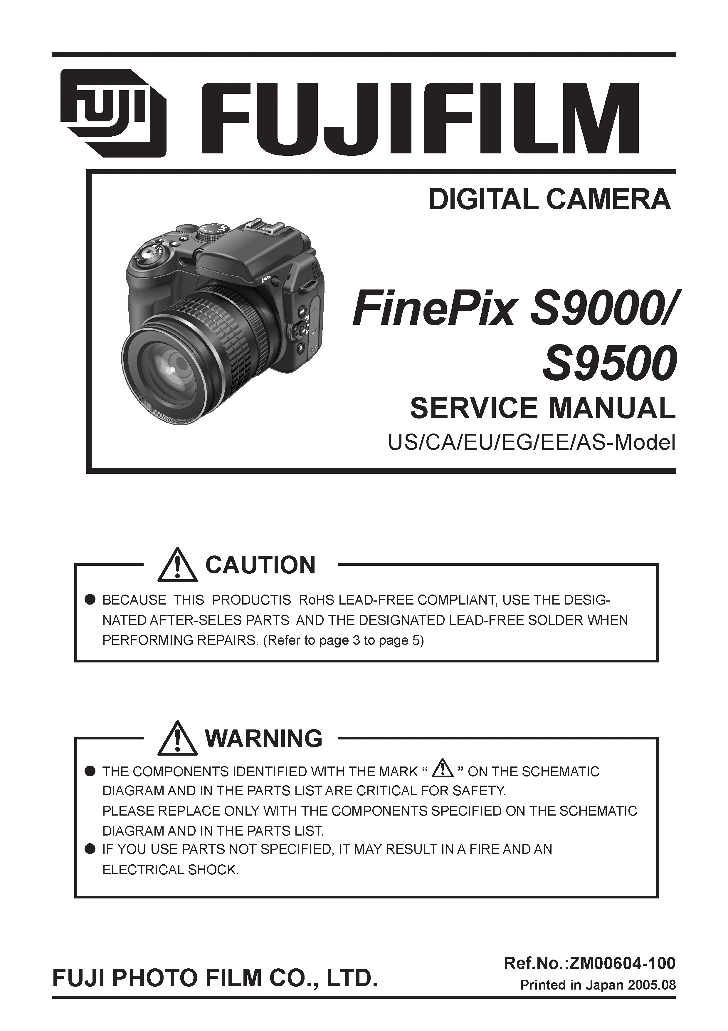 Fujifilm finepix s9000 s9500 service manual cover with picture of the camera, model type and numbers, manual creation date and safety and warning notice.
