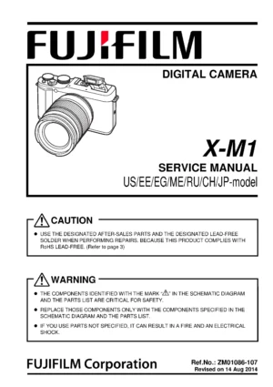 Fujifilm finepix x m1 service manual cover with picture of the camera, model type and numbers, manual creation date and safety and warning notice.