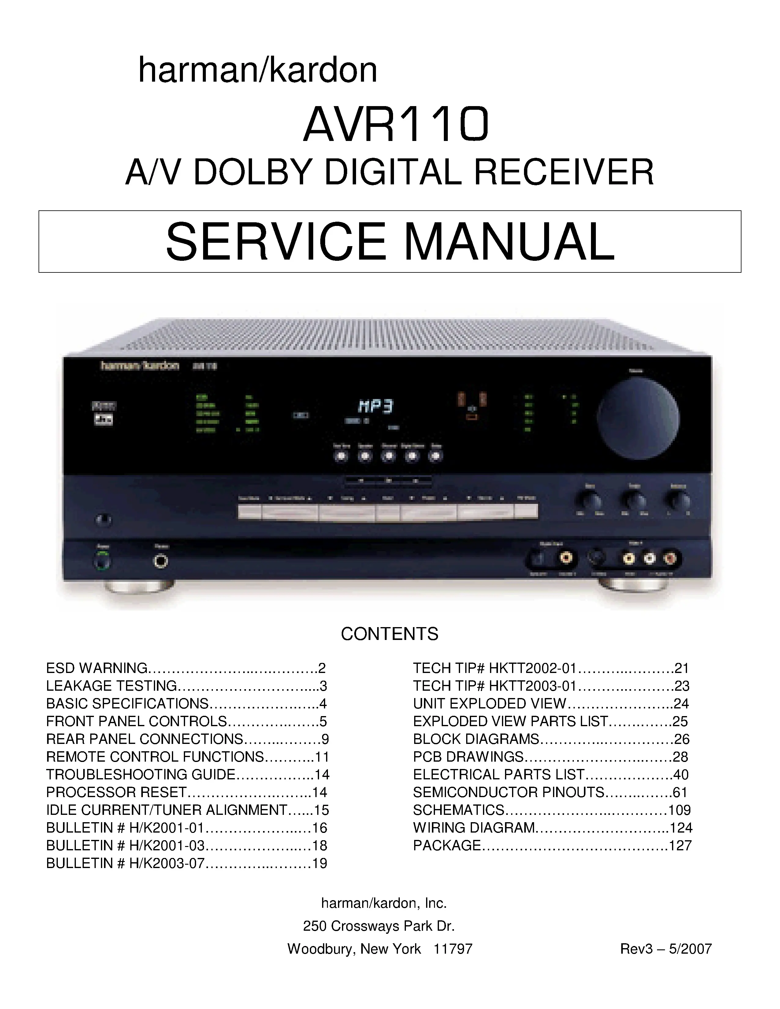 Harman kardon avr 110 service manual cover with picture of the AV Receiver with model type and number