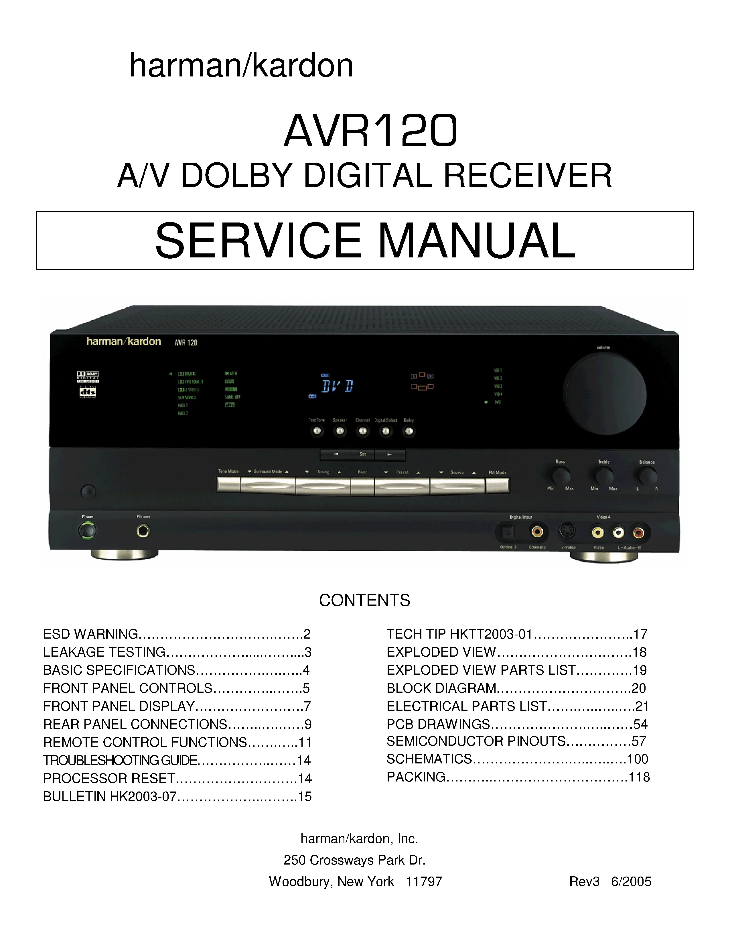Harman kardon avr 120 service manual cover with picture of the AV Receiver with model type and number