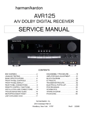 Harman kardon avr 125 service manual cover with picture of the AV Receiver with model type and number