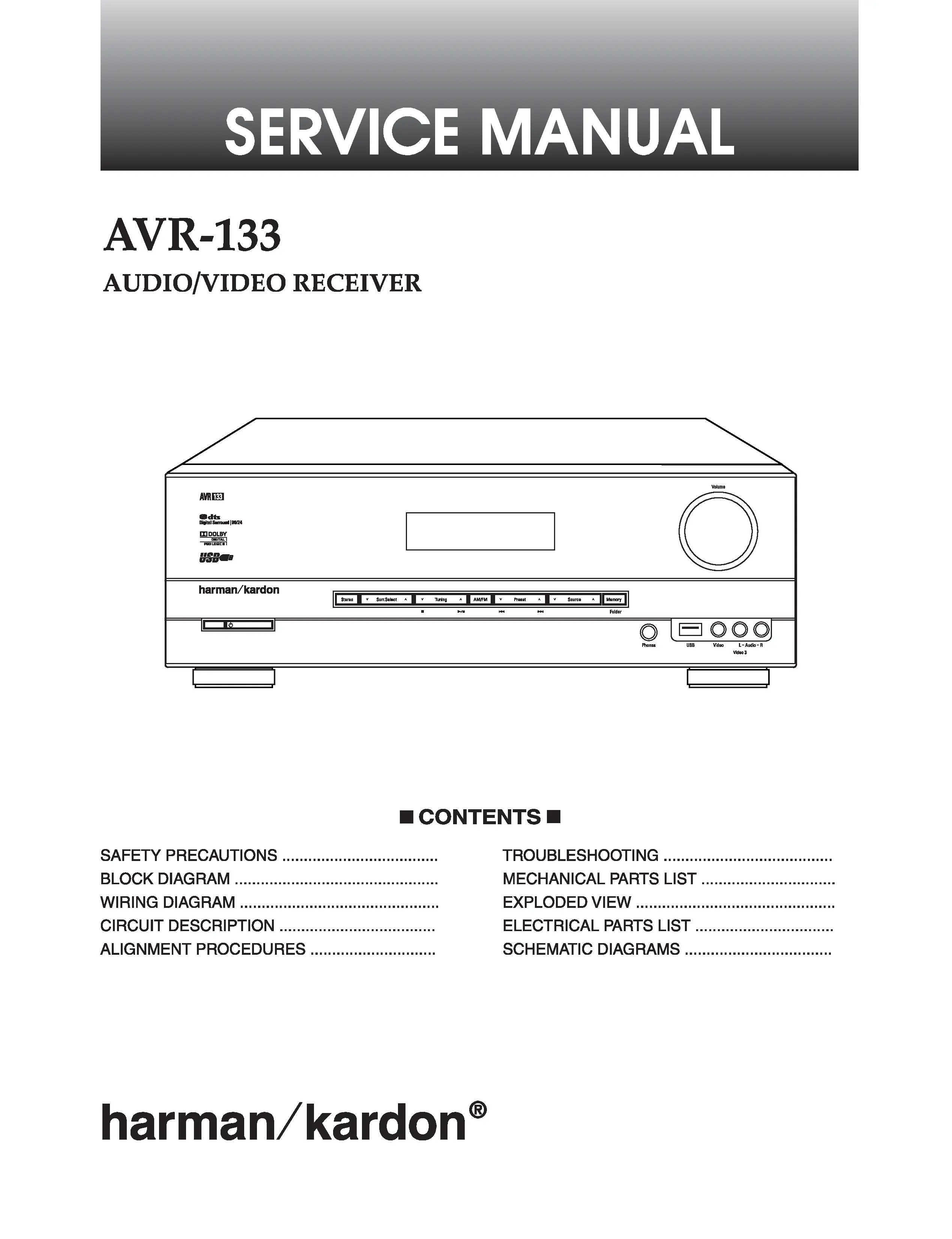 Harman kardon avr 133 service manual cover with picture of the AV Receiver with model type and number