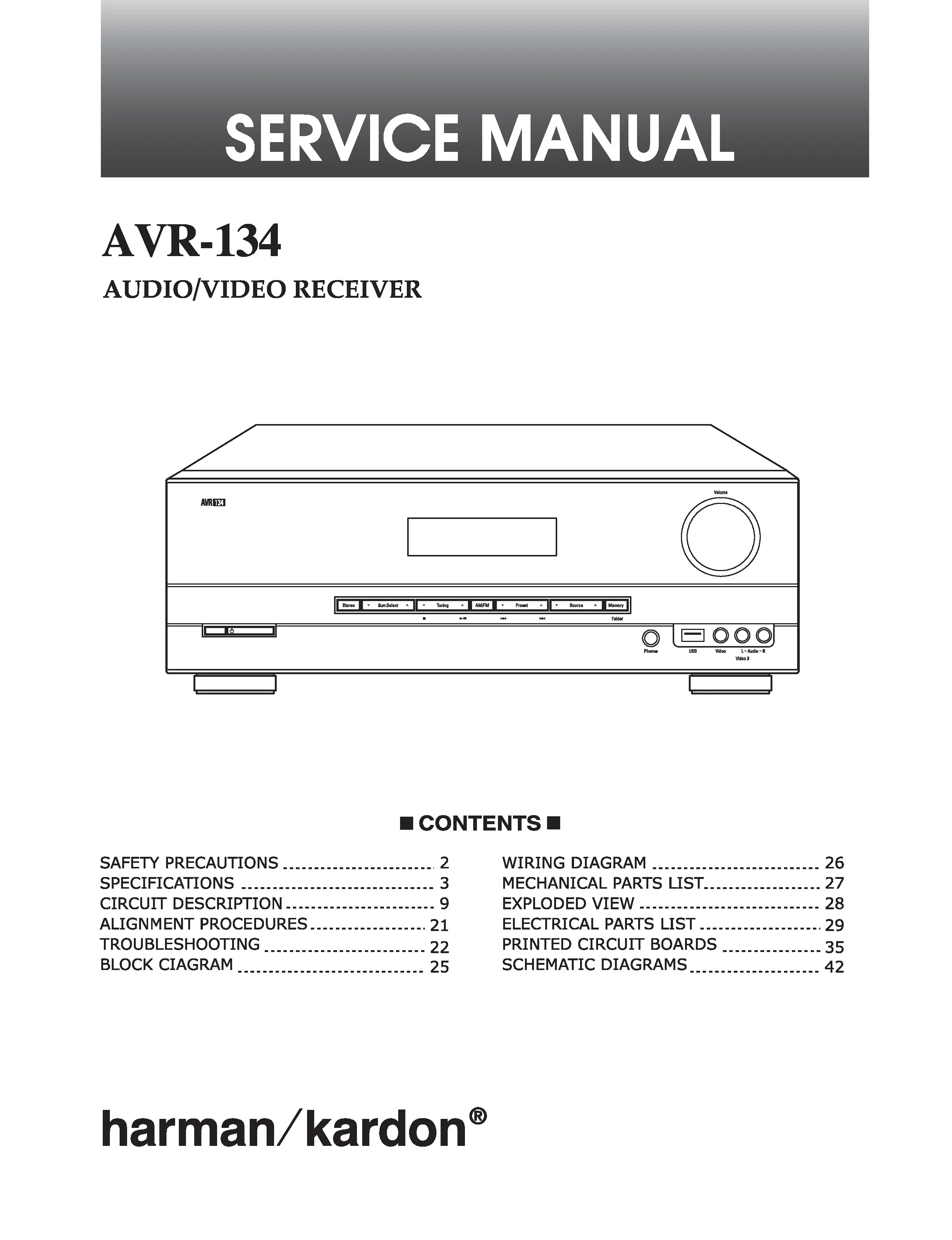 Harman kardon avr 134 service manual cover with picture of the AV Receiver with model type and number