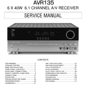 Harman kardon avr 135 service manual cover with picture of the AV Receiver with model type and number
