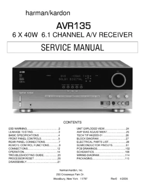 Harman kardon avr 135 service manual cover with picture of the AV Receiver with model type and number