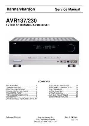 Harman kardon avr 137 service manual cover with picture of the AV Receiver with model type and number