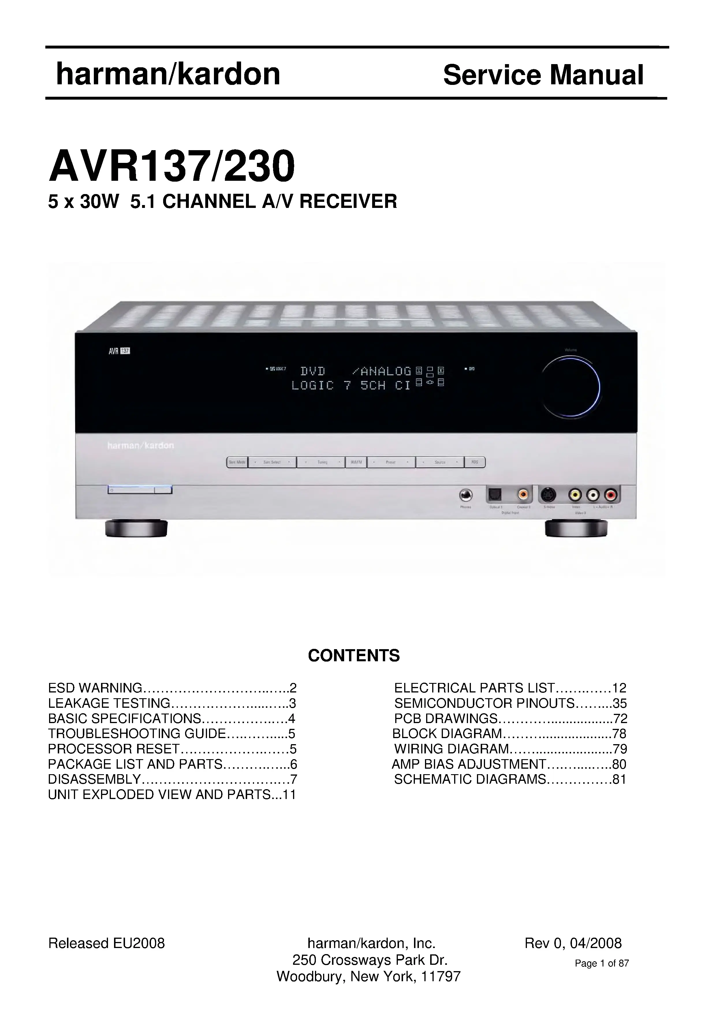 Harman kardon avr 137 service manual cover with picture of the AV Receiver with model type and number