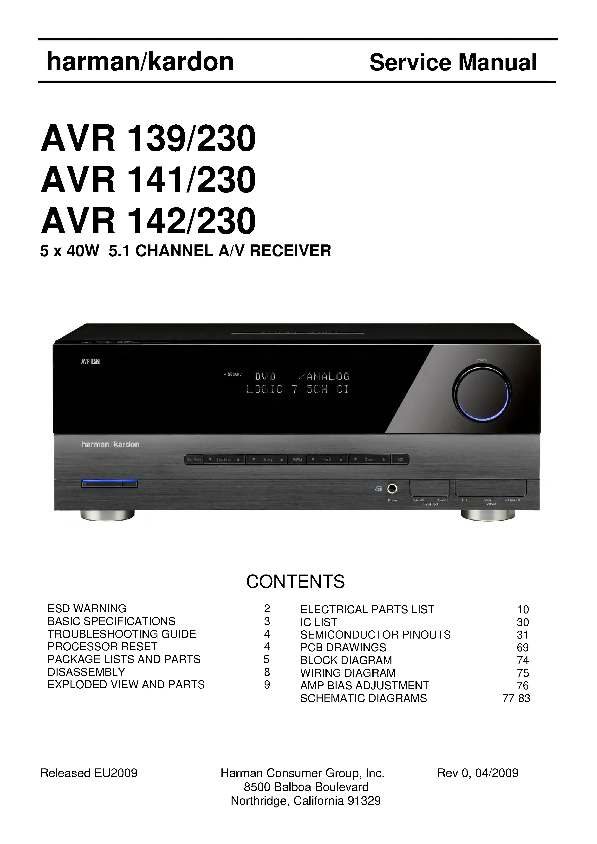 Harman kardon avr 142 service manual cover with picture of the AV Receiver with model type and number