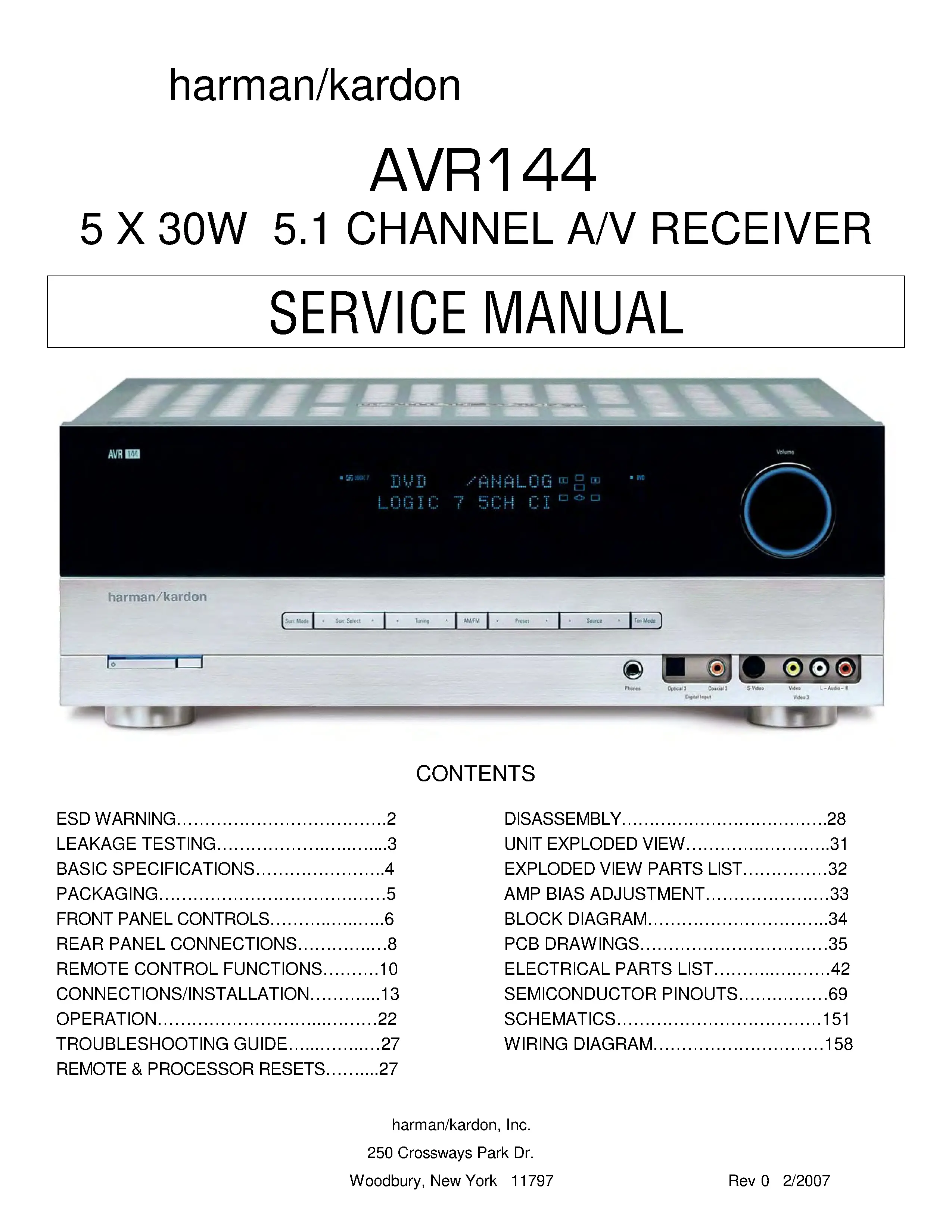 Harman kardon avr 144 service manual cover with picture of the AV Receiver with model type and number