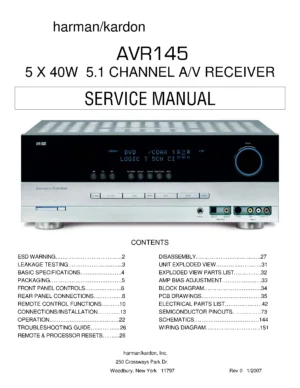 Harman kardon avr 145 service manual cover with picture of the AV Receiver with model type and number