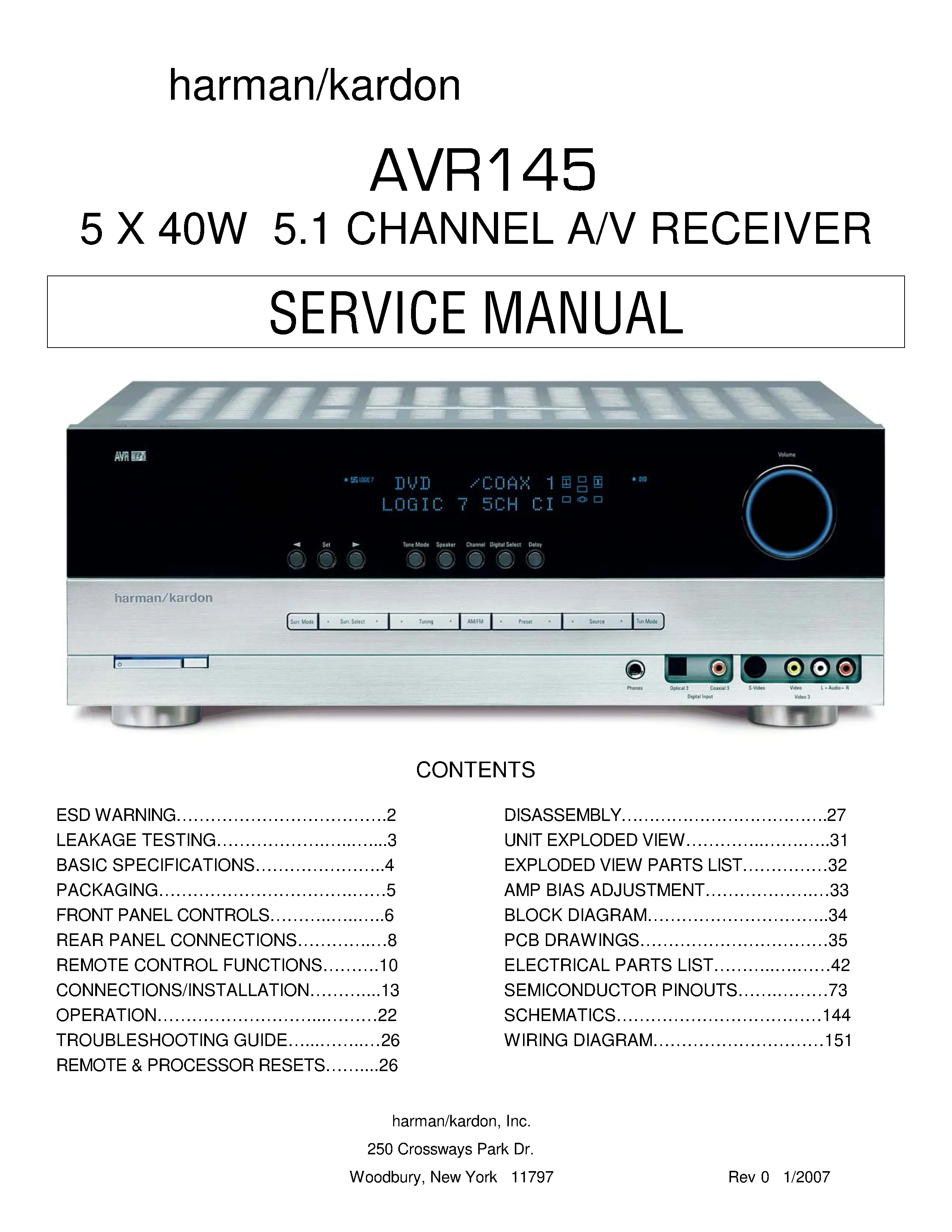 Harman kardon avr 145 service manual cover with picture of the AV Receiver with model type and number